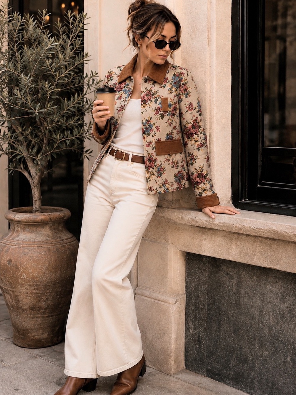 Avec Les Filles Beige Floral Utility Jacket with Rust Corduroy Trim S - Picture 2 of 11